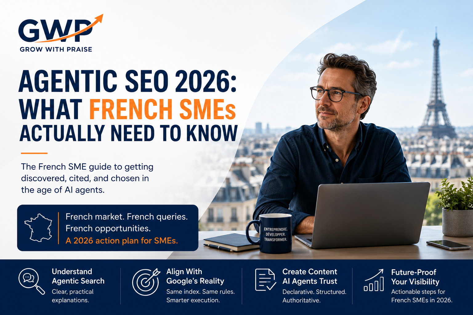 Agentic SEO strategy diagram for small businesses in France showing AI search agent workflow in 2026