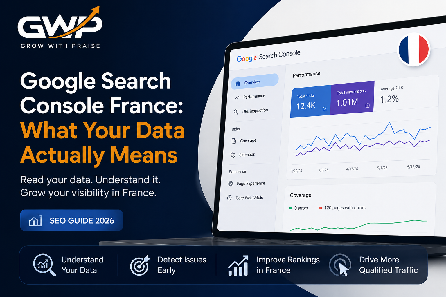 SEO consultant in Nantes, France, reviewing Google Search Console Performance report data on a desktop screen to track organic search impressions and clicks.